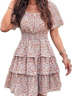 PRETTYGARDEN 2026 Floral Short Sleeve Tiered Ruffle Boho Swing Dress